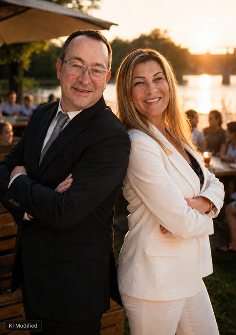 Lizza und Frank Wellert Rücken an Rücken am Höchster Mainufer im Abendlicht, dahinter der Main und Gäste im Biergarten. Das Bild ist mit KI bearbeitet und unten links entsprechend gekennzeichnet